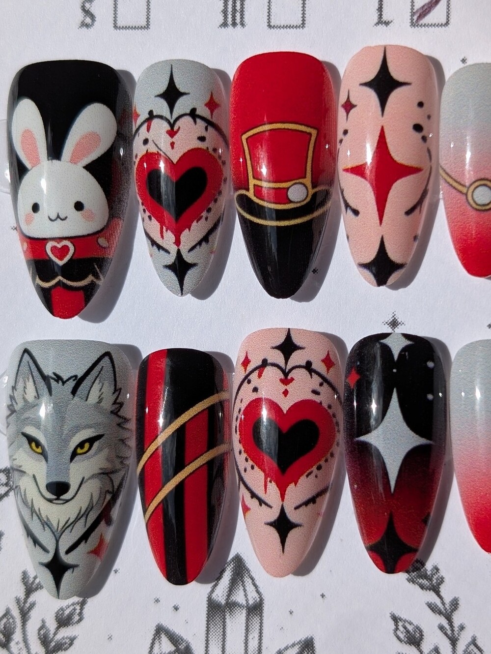 ❤️ 10pc Handmade Red Riding Hood Press-On Premium Nails Size: Large Almond 2.5